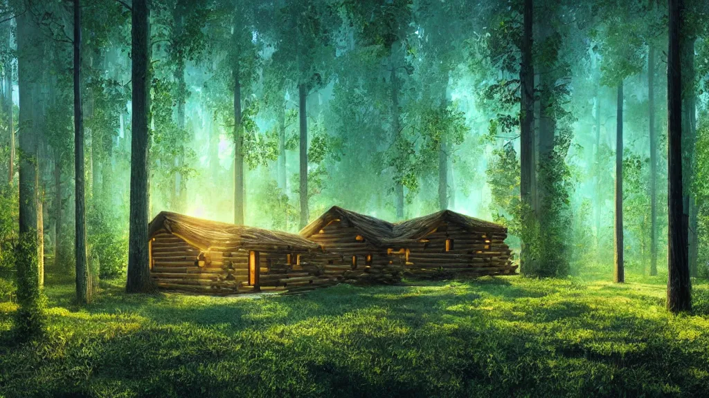 Image similar to portrait of an ethereal log cabin made of golden light, evergreen forest made of green and blue light, divine, cyberspace, mysterious, dark high-contrast concept art