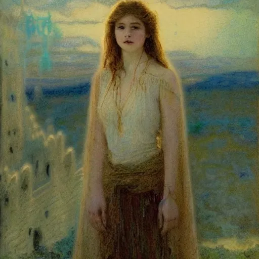 Prompt: translucent slender pale young ghost, haunted castle, kaitlyn dever, by gaston bussiere, by dean cornwell