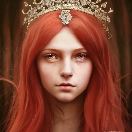 Image similar to centered detailed portrait of a beautiful princess looks like from bridgeton with red hairs, realistic character concept, identical eyes, gazing eyes, beautiful eyes medium shot, elegant pose, fantasy, illustration, slender symmetrical face and body, artstation, cinematic lighting, hyperdetailed, cgsociety, 8k Resolution, high resolution, Charlie Bowater, Tom Bagshaw, Tom Richmond, single face, insanely detailed and intricate, beautiful, elegant, golden ratio, bloom and flowers in background, vfx, psychadelic