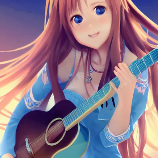 Image similar to a very beautiful little yuuki asuna playing guitar, full body, long wavy blond hair, sky blue eyes, full round face,, bikini, miniskirt, front view, mid - shot, highly detailed, cinematic wallpaper by stanley artgerm lau