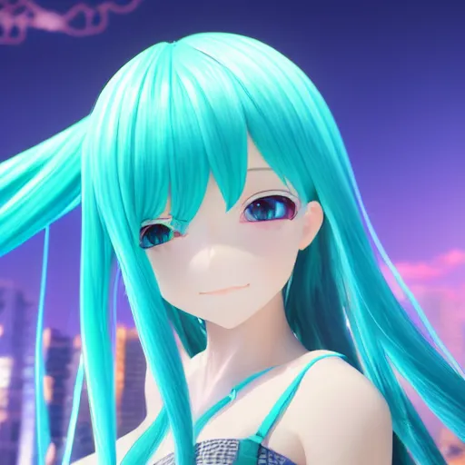 Prompt: render of a full body portrait as a very beautiful 3d anime girl Hatsune miku, long braided teal hair, hazel eyes, revealing outfit, full round face, short smile, cinematic lightning, medium shot, mid-shot, highly detailed, trending on Artstation, Unreal Engine 4k, cinematic wallpaper, by Gil Elvgren, Earl Moran, Enoch Bolles, Lois van baarle,