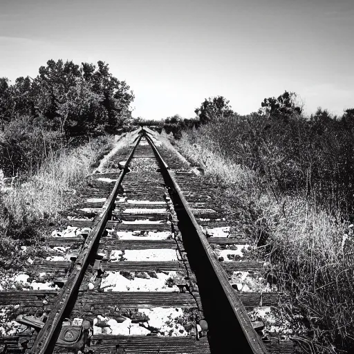 Image similar to fine art photography of a abandoned old train station in the middle of nowhere, overgrown, it train tracks curve up toward the sky, black and white photography 3 5 mm