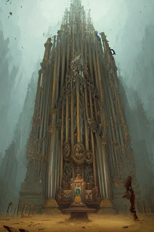 Prompt: illustration a low angle view of a tall ornate pipe organ falling to ruin, by peter mohrbacher, by alex andreev, by jacek yerka, by alan lee, by vincent di fate, large depth of field, super detailed, digital art, trending on artstation