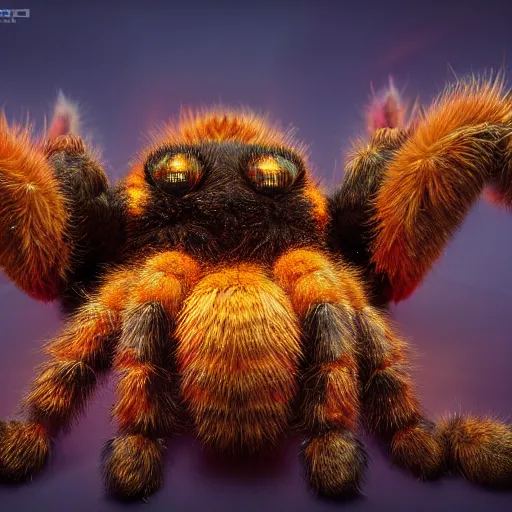 Prompt: fluffy tarantula, golden hour, fantasy, vivid colors, sharp focus, digital art, hyper - realistic, 4 k, unreal engine, highly detailed, hd, dramatic lighting by brom, trending on artstation