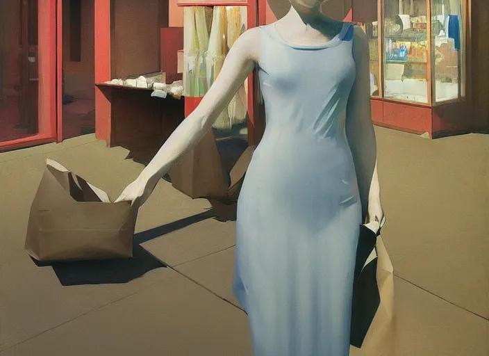 Prompt: woman in a translucent dress made from plastic bag holding ice cream with paper bags for clothes standing inside paper bags with paper bag over the head at store display Edward Hopper and James Gilleard, Zdzislaw Beksinski, highly detailed