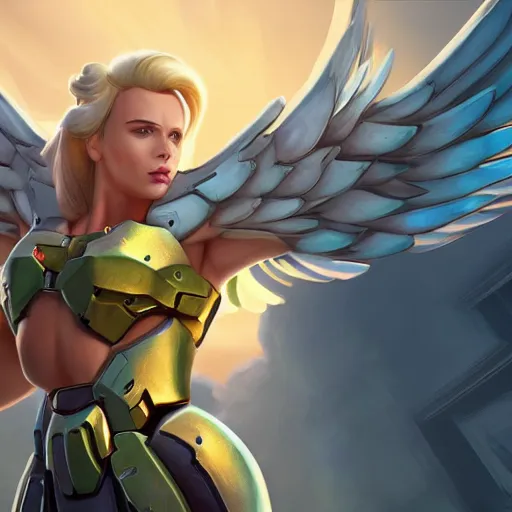 Image similar to a screenshot of arnold schwarzenegger as mercy in overwatch, angel wings, halo, portrait, fantasy, beautiful face, vivid colors, elegant, concept art, sharp focus, digital art, hyper - realistic, 4 k, unreal engine, highly detailed, hd, dramatic lighting by brom, trending on artstation