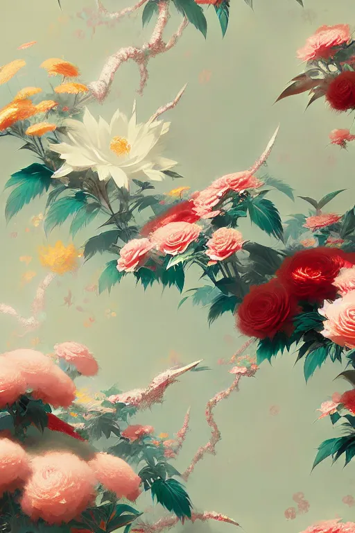 Prompt: Maximalism Chinoiserie floral wallpaper by Craig Mullins, pixar, Anato finnstark