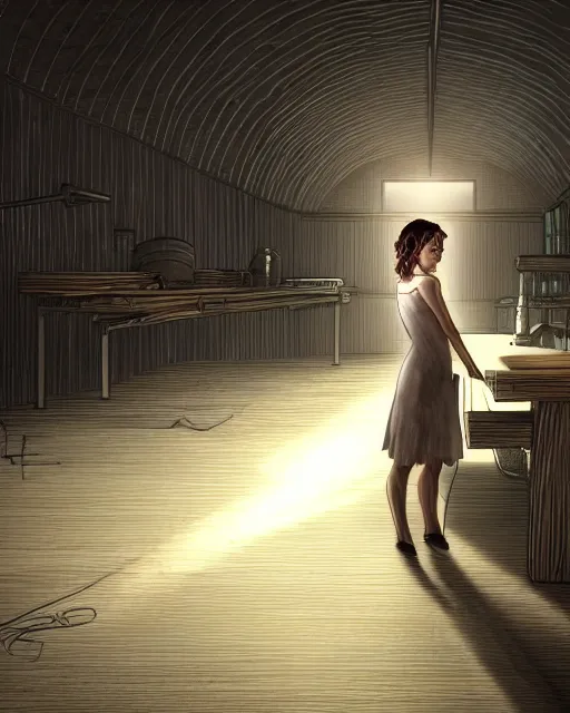 Prompt: style : disco elysium. composition : medium shot. style : digital art ; detailed ; menacing ; 4 k. scenery : the inside of a dark barn ; a faint ray of light is shining through a crack in the planks. subject : a cat hiding behind a workbench ; dark hair ; wearing a white dress.