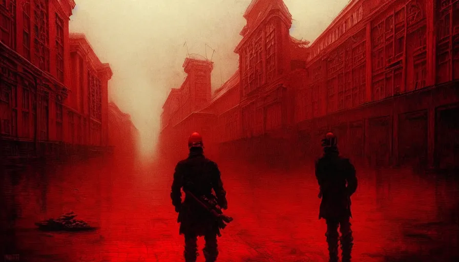 Image similar to only with red, soviet communism horror city apocalyptic atmosphere with soviet flag, in the style of beksinski and rodcenko and yue minjun and cory loftis, intricate and epic composition, red by caravaggio, highly detailed, masterpiece, red light, artstation, art nouveau