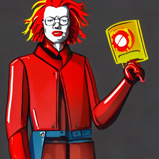 Image similar to cyberpunk ronald mcdonald as the leader of a futuristic communist nation, cybernetics, sharp lines, digital, artstation, colored in