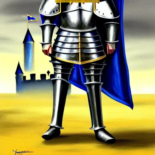Image similar to full body!!!!!!, knights armor, donald trump, crown, donald trump's face!!!!!, detailed face, painting of a knight, boots, medieval castle background, valiant, concept art, by hans thoma