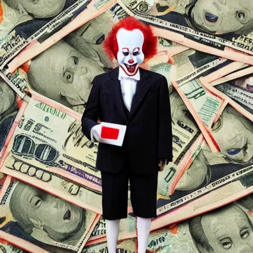 Prompt: Pennywise the clown wearing a business suit and holding a banknote in his hands, full body shot, highly-detailed