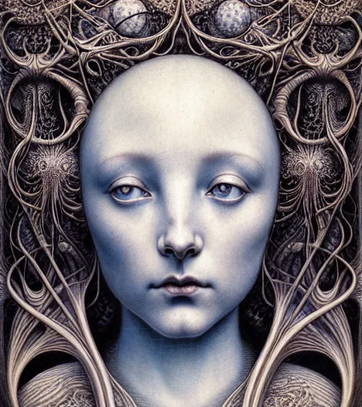 Image similar to detailed realistic beautiful porcelain moon goddess face portrait by jean delville, gustave dore, iris van herpen and marco mazzoni, art forms of nature by ernst haeckel, art nouveau, symbolist, visionary, gothic, neo - gothic, pre - raphaelite, fractal lace, intricate alien botanicals, ai biodiversity, surreality, hyperdetailed ultrasharp octane render