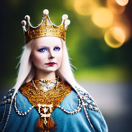 Prompt: portrait photograph of a very beautiful nordic queen with ornate cloak, bokeh, graflex camera, macro 25mm