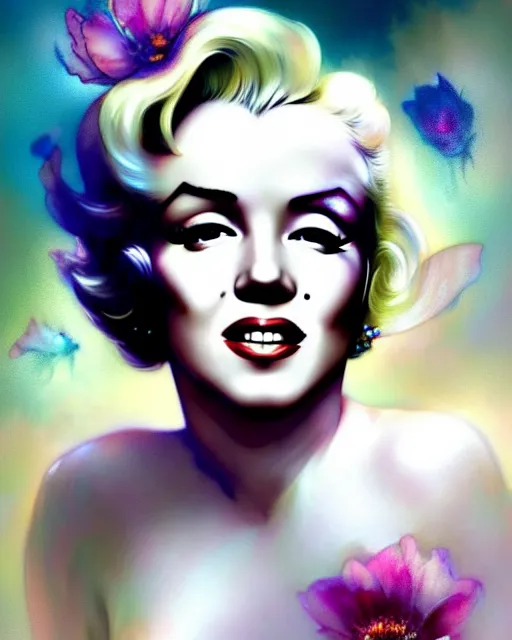 Image similar to Marilyn Monroe, flowers, calm, 4k digital masterpiece by Anna Dittman and Alberto Seveso Ruan Jia, rossdraws, artgerm and greg rutkowski and alphonse mucha and loish and WLOP, fantasycore, Hyperdetailed, fractals, scribble art, realistic digital painting, atmospheric, fireflies, soft lighting, featured on Artstation