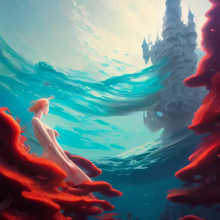 Image similar to style artgerm, joshua middleton, jeremy lipking, a giant underwater castle made of coral, very long spires, water swirling, detailed, ocean background setting, volumetric lighting