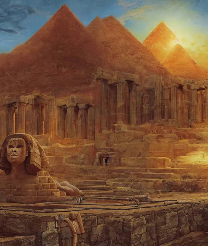 Image similar to a mysterious sphinx guarding a greek temple, fantasy artwork, warm colors, by seb mckinnon