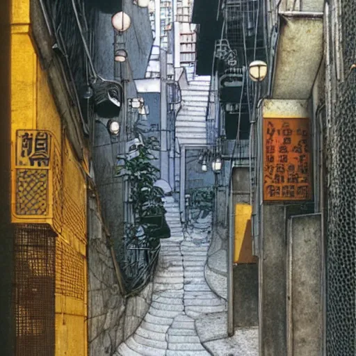 Image similar to an alley in hong kong, art by moebius