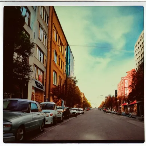 Image similar to colorful instant photograph of the middle of the street, polaroid, light leak, raw, nostalgic, daylight, blue sky, clouds