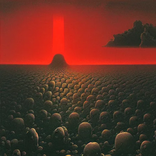 Prompt: zdzisław beksinski, horrific spongebob squarepants massacre, red sky