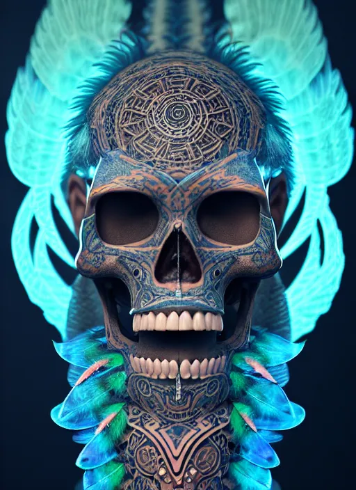 Image similar to 3 d shaman with tattoos profile portrait, sigma 5 0 0 mm f / 5. beautiful intricate highly detailed quetzalcoatl skull and feathers. bioluminescent, plasma, lava, ice, water, wind, creature, thunderstorm! artwork by tooth wu and wlop and beeple and greg rutkowski, 8 k trending on artstation,