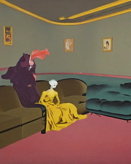 Image similar to old dead couple sitting on a couch and a dark figure crying in the corner with clouds at red and yellow art deco interior room in the style of Francis Bacon and Syd Mead, open ceiling, highly detailed, painted by Francis Bacon and Edward Hopper, painted by James Gilleard, surrealism, airbrush, very coherent, triadic color scheme, art by Takato Yamamoto and James Jean