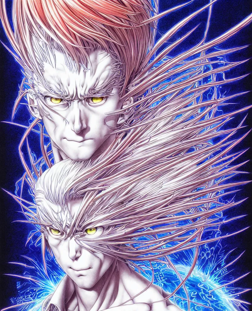 Prompt: symmetrical. realistic detailed image of ultra mega rainbow, realistic detailed male character, kaworu nagisa, depth perception, masterpiece, depth of field, action horror, gothic, vivid colors. art by yoshitaka amano, by yukito kishiro, by yoshiyuki sadamoto, by artgerm, by hajime sorayama