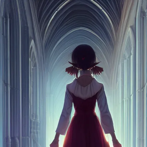 Prompt: angelic girl in intricate clothing walking a cathedralic hallway at night, wlop, ilya kuvshinov, artgerm, krenz cushart, greg rutkowski, sana takeda