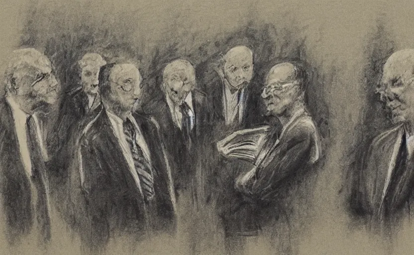 Prompt: “ court sketch of minions at the nuremberg trial, historical document ”