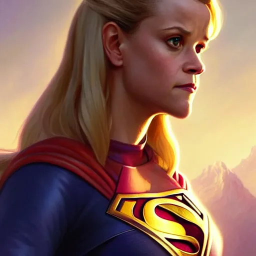 Image similar to Reese Witherspoon as Super Girl, western, D&D, fantasy, intricate, elegant, highly detailed, digital painting, artstation, concept art, matte, sharp focus, illustration, art by Artgerm and Greg Rutkowski and Alphonse Mucha