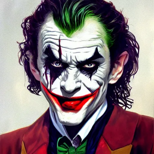 Image similar to peter o'toole as the joker, portrait, realistic, concept art, painting by alex ross