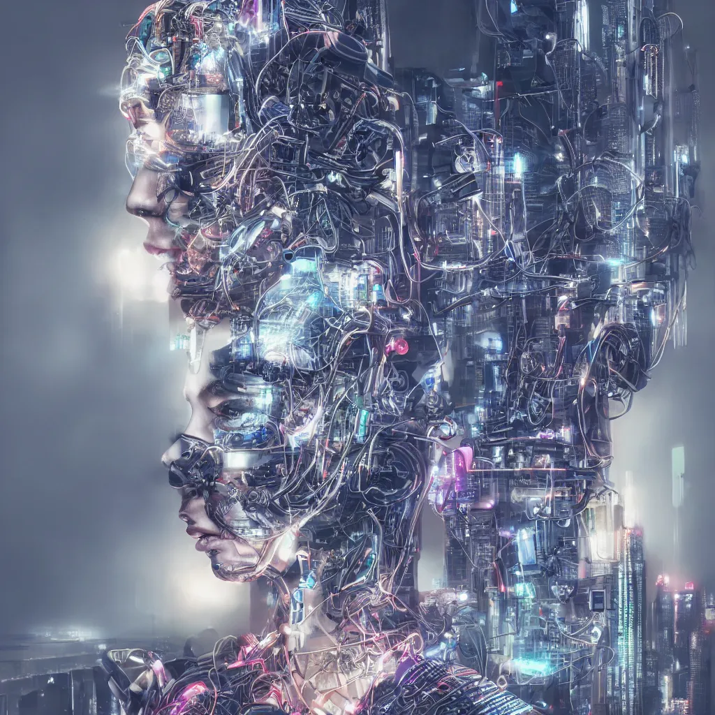 Prompt: a beautiful portrait of a young bionic male cyborg, cyberpunk, intricate wiring, electronic components, augmented vision, volumetric light, hi - tek sci - fi skyscrapers in the background, haze, photography, color, intricate, extremely detailed, hyperrealistic, color pencil drawing, trending on artstation