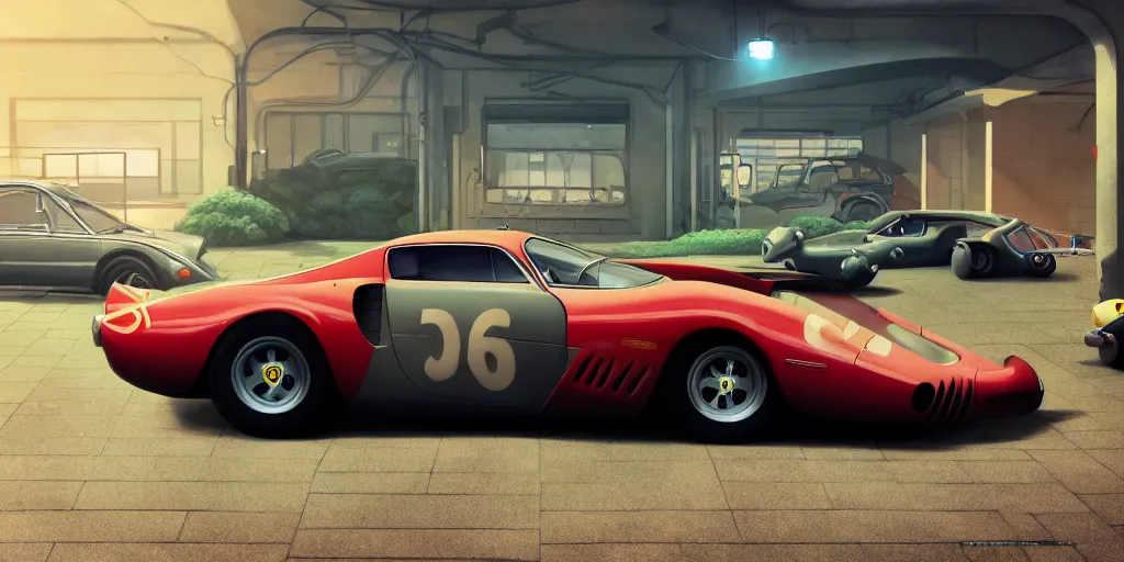 Image similar to a wholesome animation key shot of a focused old ferrari car in a car park, close shot, studio Ghibli, Pixar and Disney animation, sharp, very detailed, high resolution, Rendered in Unreal Engine 5, anime key art by Greg Rutkowski, Bloom, dramatic lighting