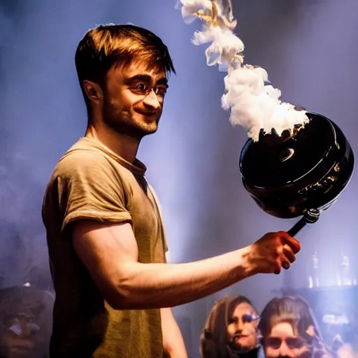 Image similar to daniel radcliffe exhaling a large puff of smoke from his custom gold laced bong