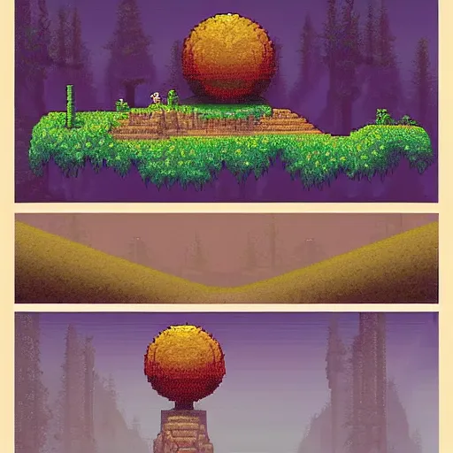 Image similar to Pixel Art a large stone or crystal hovering and rotating above a forest stand from Terraria Game , Surrounded deep forest from terraria game Pixel Art by Craig Mullins, ilya kuvshinov, krenz cushart, epic , artgerm trending on artstation by Edward Hopper and Dan Mumford and WLOP and Rutkovsky, beksinski carl spitzweg moebius and tuomas kocar, intricate Pixel Art artwork by caravaggio, Unreal Engine 5, Lumen, Nanite