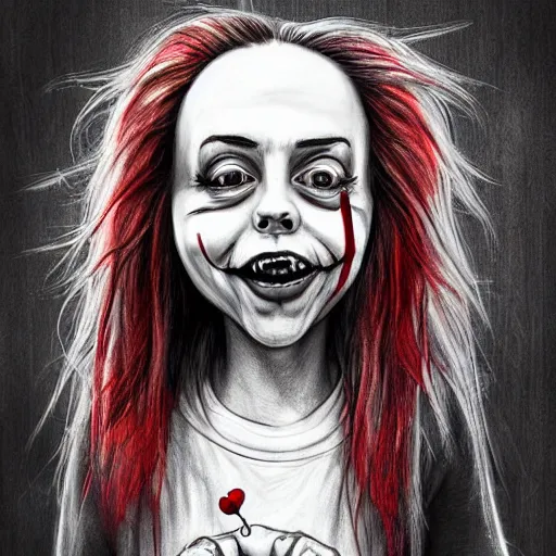 Prompt: surrealism grunge cartoon portrait sketch of billie eilish with a wide smile and a red balloon by - michael karcz, loony toons style, pennywise style, chucky style, horror theme, detailed, elegant, intricate