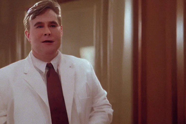 Image similar to cinematic still of chubby clean-shaven white man wearing chocolate brown suit and necktie in Casper (1995), XF IQ4, f/1.4, ISO 200, 1/160s, 8K, RAW, dramatic lighting, symmetrical balance, in-frame