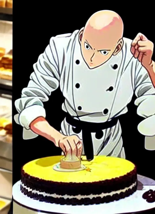 Image similar to chef saitama one punch man, dressed as a pastry chef, focused at making a cake, beautiful anime artwork