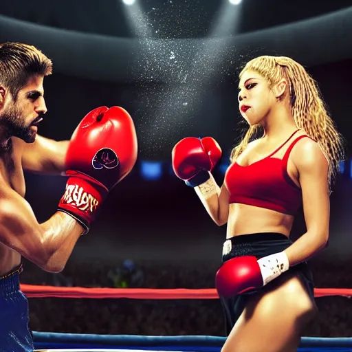 Image similar to Shakira with boxing gloves fighting against Gerard Pique, cinematic epic shot, hihgly detailed, 4k, realistic,