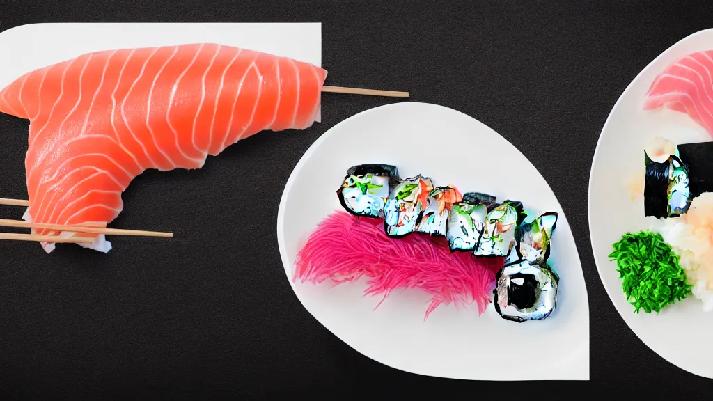 Image similar to an arrangement sushi on a white ceramic platter, japan, a collage painting, in the style of wes anderson, lola dupre, david hockney, isolated on negative white space background dark monochrome neon spraypaint accents volumetric octane render