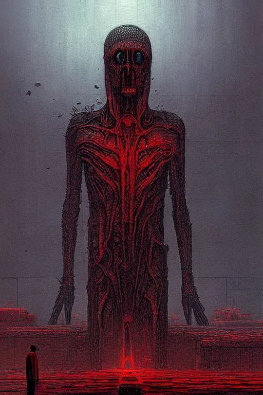 Image similar to dark master constructing infinite factories, red and black science fiction scenario, giger, beksinski, digital art render