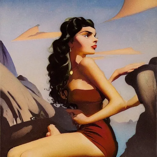 Image similar to a oil painting of a fair skin with dark curly stylised hair queen wearing dress, by hans emmenegger, by bruce pennington, by eyvind earle, by nicholas roerich, by frank frazetta, by georgia o keeffe, by dean cornwell, highly detailed, realistic, concept art, jewels, tiles curtains, oriental, desaturated