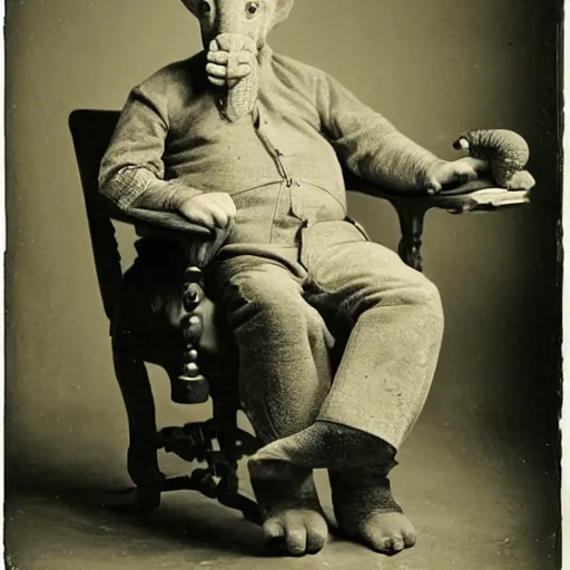 Image similar to a man on a chair with his miniature elephant on his lap