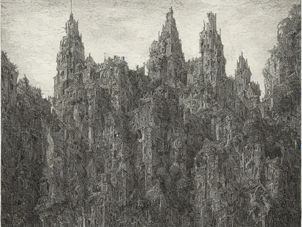 Prompt: “An engraving of the ivy-covered towers of Castle Gormenghast by Gustave Dore”