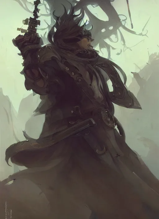 Image similar to low angle picture of a weapon master, holding a ego weapons to the camera, long black jacket, neat white beard and hair, bored, tired, ego weapons all over the place, smoking with squat down pose, highly detailed face, deep eyes, intricate, masterpiece, epic fantasy illustrations by peter mohrbacher and anato finnstark and jeremy lipking