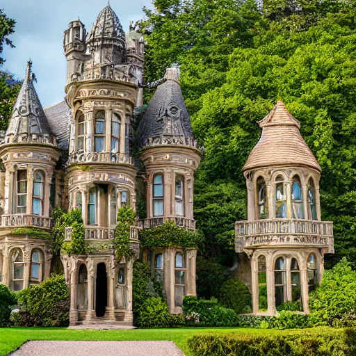 Prompt: This image is of an ornate fantasy house. It has a large, turreted main house with a smaller house attached. Both houses are adorned with intricate carvings and detailed stonework. There is a large garden with fanciful topiary and a stone path leading up to the front door. Photography.