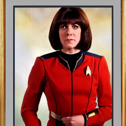 Image similar to a full body photograph of sarah jane smith as a star fleet science officer from star trek next generation, full dress uniform, symmetrical face, extreme realism and detail, 8 k, completely framed, direct lighting, 3 5 mm photo, photorealistic, sharp focus
