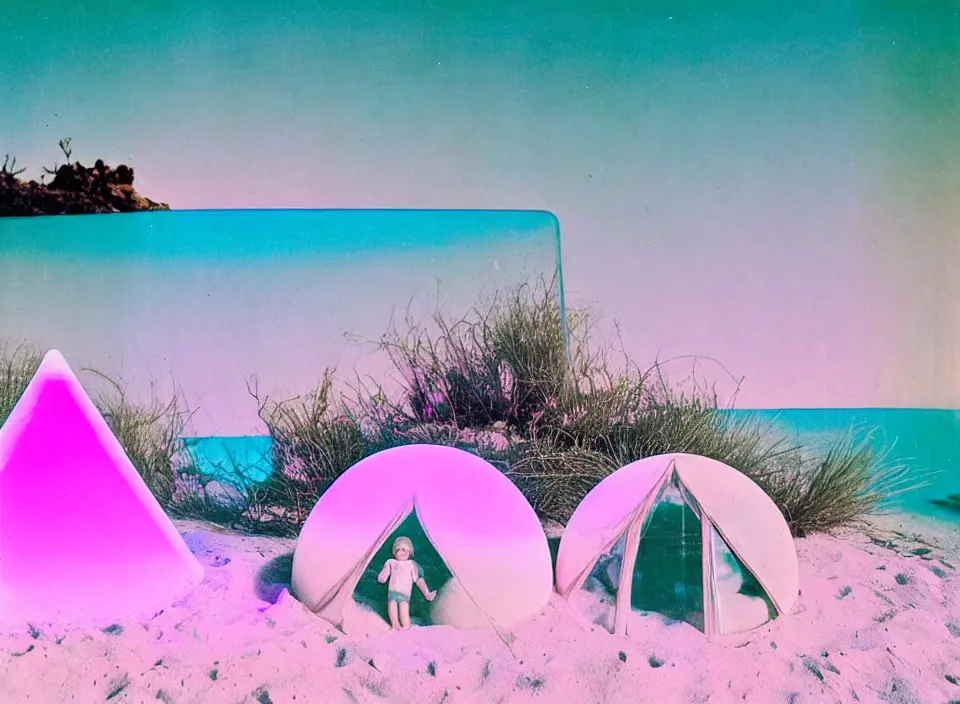 Image similar to a vintage family holiday photo of an empty beach from an alien dreamstate world with chalky pink iridescent!! sand, reflective lavender ocean water, dim bioluminescent plant life and an igloo shaped plastic transparent bell tent surrounded by holiday clutter opposite a pit with an iridescent blue flame flickering. refraction, volumetric, light.