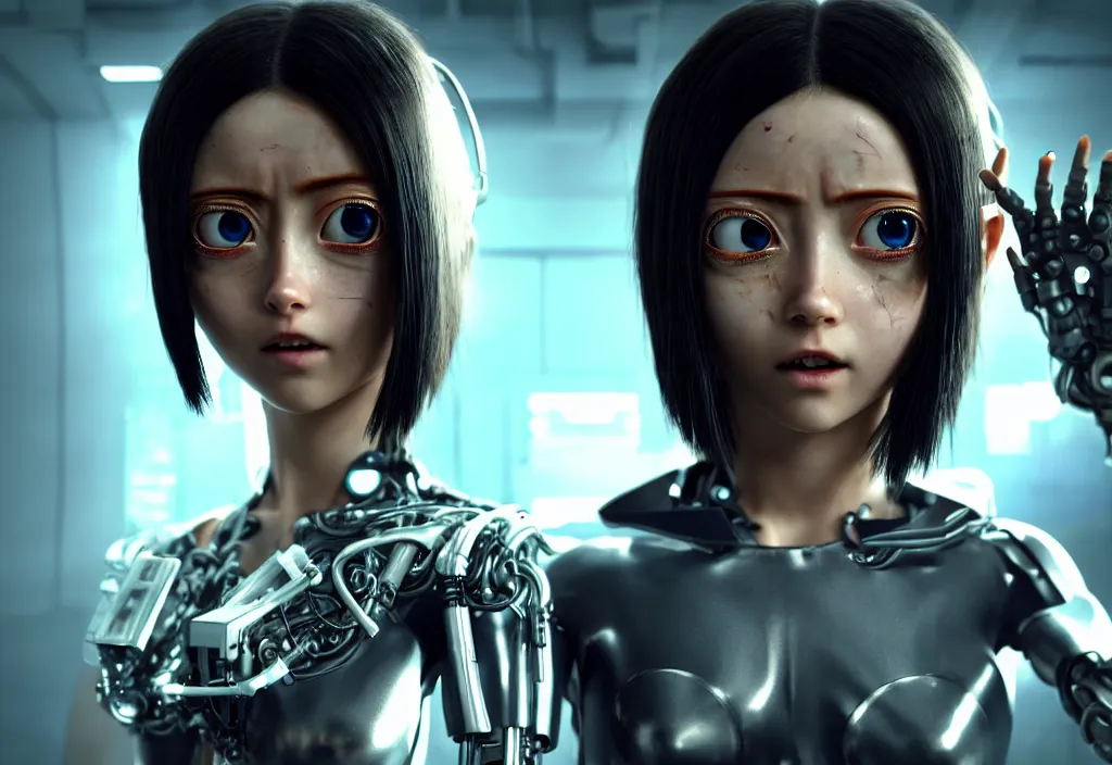 Prompt: shot of film alita by cyberpunk and syntwave syle, human like a cyborg, character design, full body in data center, extreamly detailed data center, symmetry, realistic, cinematic, awesome composition, color balance, professional lighting diffracted lightray, trending on artstation, volumetric lighting, octane render