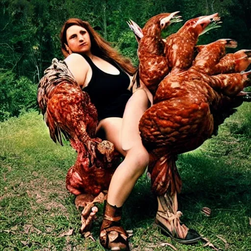 Prompt: Woman!! sitting astride a huge chicken, heavy metal album cover
